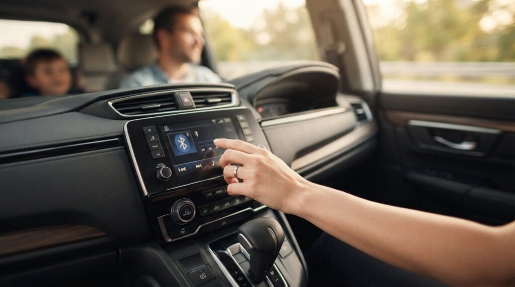 Close-up of a car dashboard with modern Bluetooth-enabled st