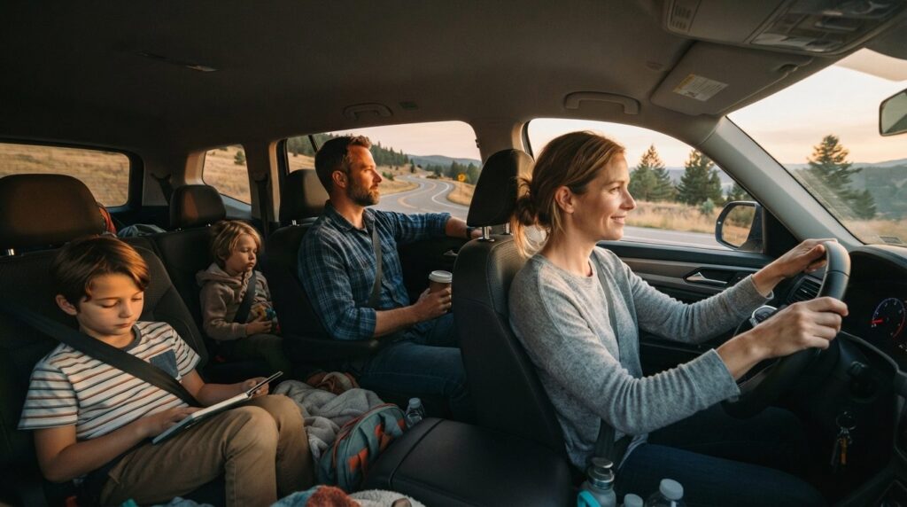 Wide shot of a relaxed family during a road trip, mother in